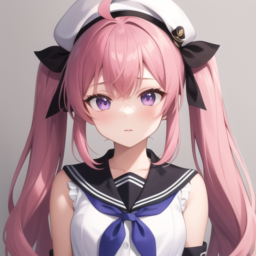 00826-3334636172-(masterpiece, best quality_1.2),illustration,8k,hd,1girl,solo,upper body,(portrait_1.2),skirt,hat,pink_hair,socks,twintails,purp.png